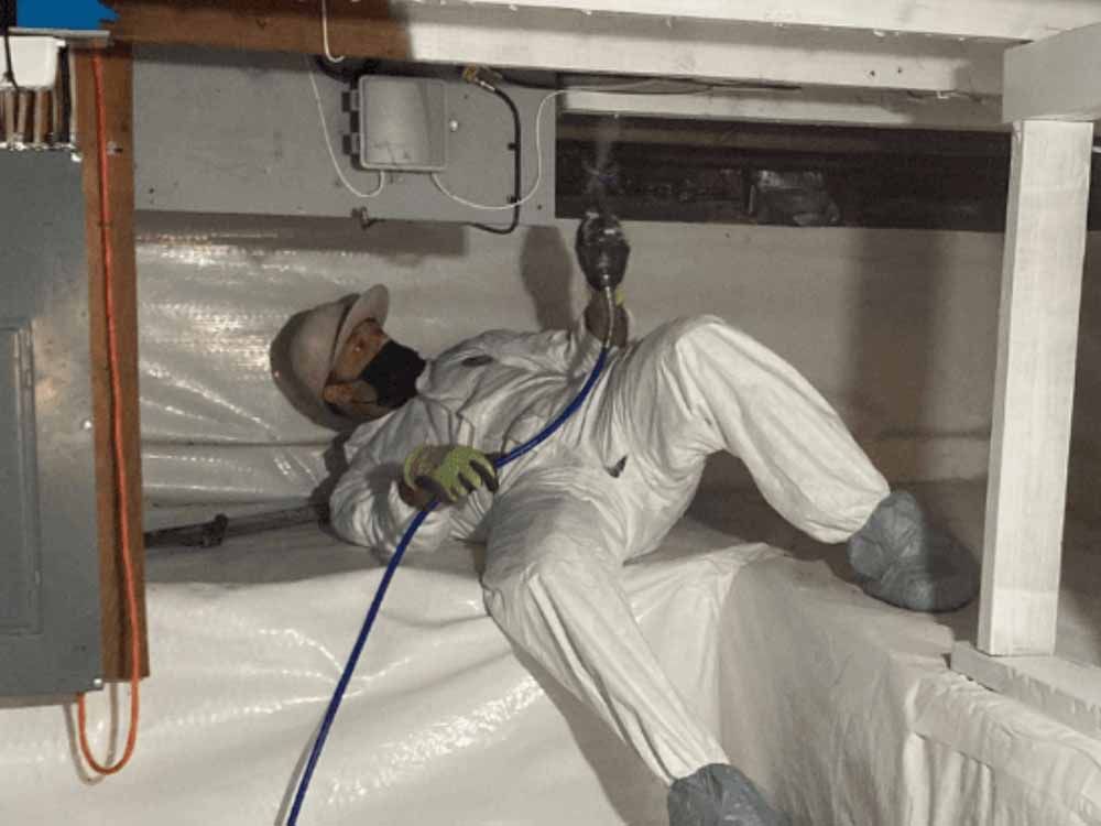 Applying mold sealer in crawlspace