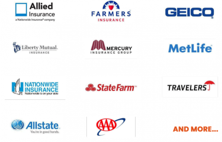 Logos of Allied, Farmers, Geico, Liberty Mutual, MetLife, Nationwide, State Farm, Travelers, Allstate, AAA