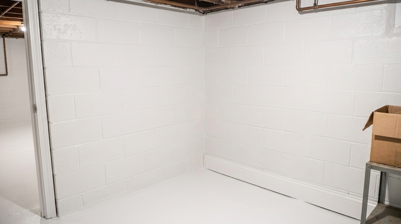 After Mold Remediation: Clean, sanitized, and sealed basement foundation wall with white antimicrobial encapsulation