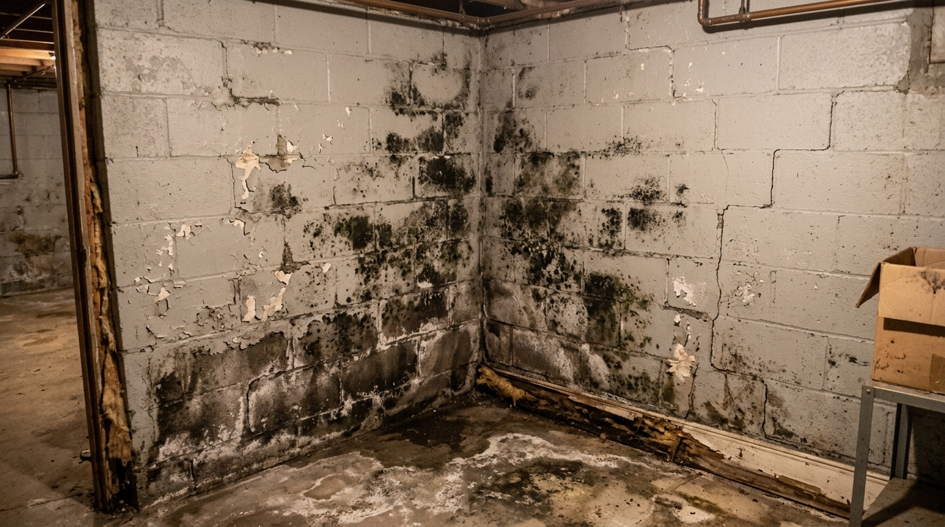 Before Mold Remediation: Heavy black mold colonization and water damage on basement wall